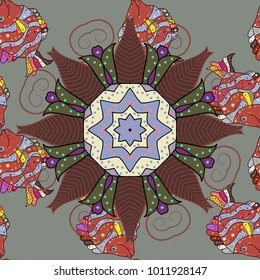 Template Colored mandala vector circle of zentangle fish hand drawn on gray, brown and blue colors.