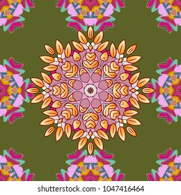 Template Colored mandala vector circle of zentangle hand drawn on green, pink and beige colors.