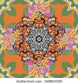 Template Colored mandala vector circle of zentangle hand drawn on neutral, green and orange colors.