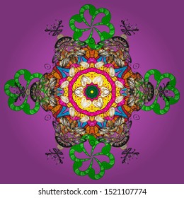 Template Colored mandala vector circle of zentangle hand drawn on gray, violet and green colors.
