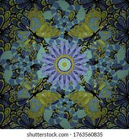 Template Colored mandala vector circle of zentangle hand drawn on black, neutral and blue colors.