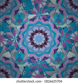 Template Colored mandala vector circle of zentangle hand drawn on violet, blue and neutral colors.