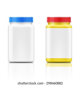 Template of colored square plastic bottle with screw cap for medicine, pills, tabs. Packaging collection. Vector illustration. 