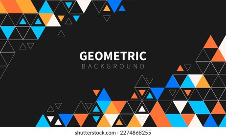 Plantilla con un patrón triangular de gradiente color azul y naranja en cada posición de esquina con un espacio. Fondo geométrico negro moderno para presentaciones empresariales o corporativas. Ilustración del vector