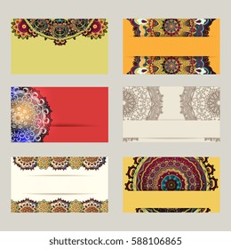 Template of a colorful business cards with elements of the mandala in Oriental style