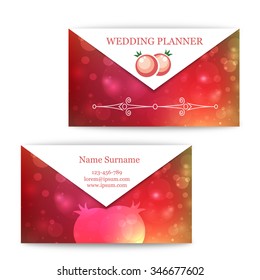 template colorful business cards for wedding planner. vector illustration with pomegranate  berries. 