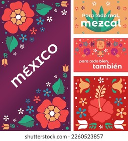 Cartas de colores de plantilla decoradas con flores en estilo bordado mexicano. "Para todos los malvados, mezcal, para todos los buenos también"