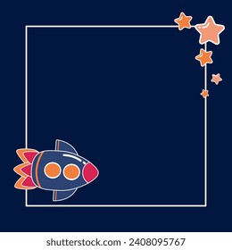 Template with colorful cartoon spaceship and stars on a dark blue background. Copy space. Vector illustration for poster, invitations, card.