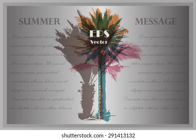 Template with colorful palm trees for invitations, banners and covers. Tropical imagery, abstract texture for design and print. Summer background.