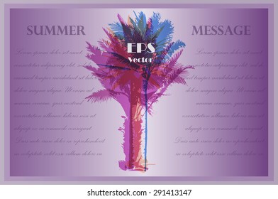 Template with colorful palm trees for invitations, banners and covers. Tropical imagery, abstract texture for design and print. Summer background.