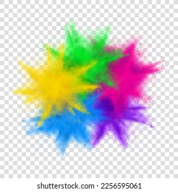 Template of colorful powder explosion. Vector illustration of colorful powder explosion isolated on checkered background. Template for decoration of Holi festival. Symbol of Holi festival.