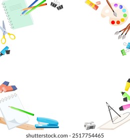 Template of colorful school supplies. Notebook, pencil, scissors, ruler, eraser, marker, watercolors, stapler, eraser. Copy space. Vector illustration.