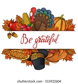 Template with colorful Thanksgiving icons. Colorful sketch style greeting card with traditional food, leaves and turkey decoration. Vector.