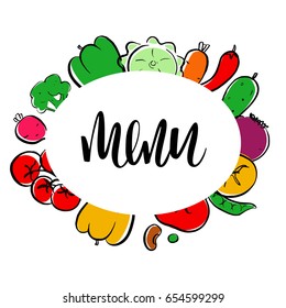 Template colorful vector card. Handwritten calligraphy inscription menu. Healthy farm food. Ink brush lettering. Hand drawn vegetables with rough edges. Sketch vegan icons. 