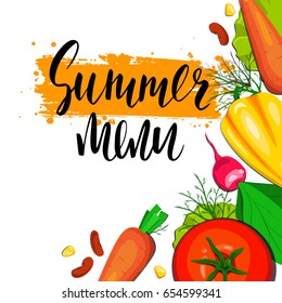 Template colorful vector card. Handwritten calligraphy inscription Summer menu. Healthy farm food. Ink brush lettering. Hand drawn vegetables. 