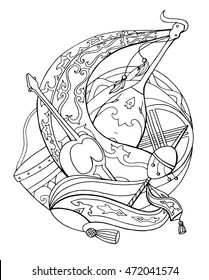 Template coloring for adults with Kazakh national instruments and patterns. Illustration for your creativity