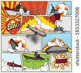 Template comic book page with warships. Pop art ships that explode. Military action. Comic book page divided by lines with speech bubbles superhero and sounds effect. Retro background mock-up