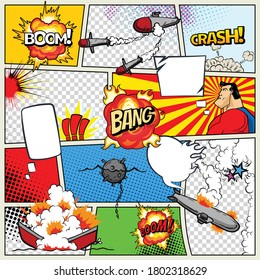 Template comic book page with warships. Pop art ships that explode. Military action. Comic book page divided by lines with speech bubbles superhero and sounds effect. Retro background mock-up