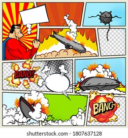 Página de historietas de plantilla con buques de guerra. Barcos de arte pop que explotan. Acción militar. Página de historietas dividida por líneas con efecto de sonido y superhéroe de burbujas de voz. Burla de fondo retro