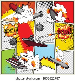 Template comic book page with warships. Pop art ships that explode. Military action. Comic book page divided by lines with speech bubbles superhero and sounds effect. Retro background mock-up