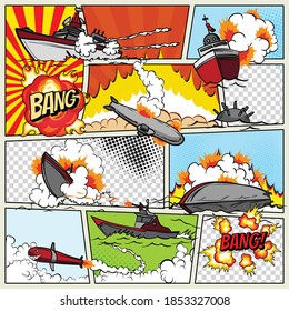 Template comic book page with warships. Pop art ships that explode. Military action. Comic book page divided by lines with speech bubbles superhero and sounds effect. Retro background mock-up