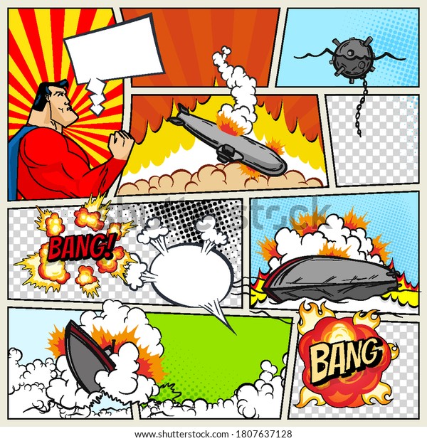 Template comic book page with warships. Pop art\
ships that explode. Military action. Comic book page divided by\
lines with speech bubbles superhero and sounds effect. Retro\
background mock-up