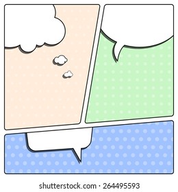 Template comic speech bubbles on colorful halftone background. Vector illustration