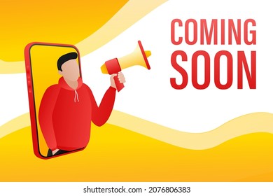 Template with coming soon man holding megaphone on white background for flyer design. Vector illustration in flat style.