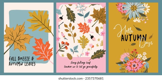 Template and composition for Autumn Posters, banners, flyers, wall art prints, greeting card and social media. Set of autumn illustrations with maple leaves, flowers and positive quotes. 