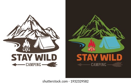 Template composition of outdoor travel, adventures with mountains, tent and bonfire  for badge, label, patches or emblems in retro vintage style. Design concept for tourism. Vector illustration.