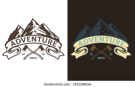 Template composition of outdoor travel, adventures with mountains, and crossed axes for badge, label, patches or emblems in retro vintage style. Design concept for tourism. Vector illustration.