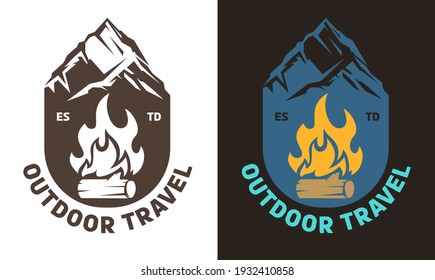 Template composition of outdoor travel, adventures with mountains and campfire for badge, label, patches or emblems in retro vintage style. Design concept for tourism. Vector illustration.