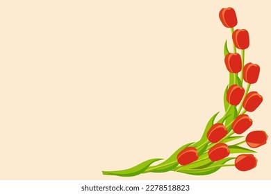 Template with a composition of red tulips on a light orange background. Flowers vector illustration for card, poster, print. Copy space.