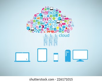 Template computer idea with social network icons background 