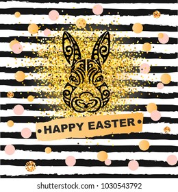 Template concept with Bunny head isolated on striped background. Vector design element for Happy Easter Day, party invitation, greeting card, web, postcard, girl or boy birthday, tattoo studio, cover.