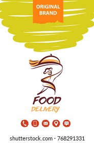 Template concept image for catering restaurant, cafe, bar. Silhouette running fast man courier holding plate with dish. 
