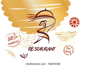 Template concept image for catering restaurant, cafe, bar. Logo for meal service company. Person delivery. Silhouette running fast man courier holding plate with dish. 