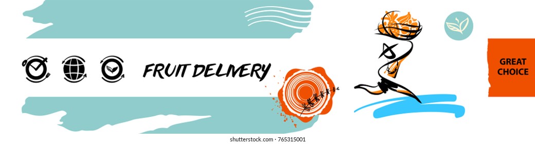 Template concept image. Person delivery. Silhouette running fast man courier holding fruit. Element design stamp, banner, logo for transportation logistic service company. 