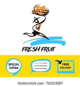Template concept image. Person delivery. Silhouette running fast man courier holding fresh fruit. Element design corporate identity, logo transportation logistic service company. 
