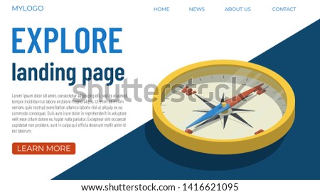 Template concept for a web page on the topic of world exploration, tourism, travel. Isometric illustration of a compass with high details.