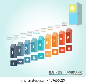 Template Conceptual infographics, arrows colored and doorway, 9 positions