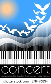 Template for concert poster. Music festival announcement. Vector illustration of birds flying over waves. White threads stretch from piano keyboard to waves. Blending modes, transparency masks used.