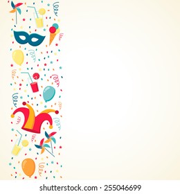 Template with confetti, ribbons, jester hat, mask and other party elements