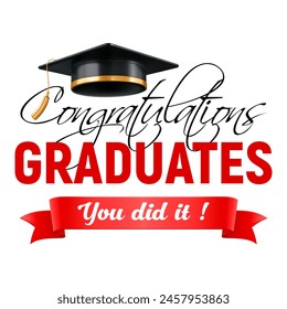 Template of congratulations graduates class of 2024, with 3d realistic graduation cap, volumetric red ribbon and congrats text for high school, university or college graduation. Vector illustration