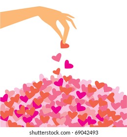 template for the congratulations of lovers - the hand throws the petals from the hearts