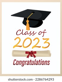 
Template congratulations on graduation. Graduation cap with gold tassel and diploma isolated on white background. Inscription class 2023.