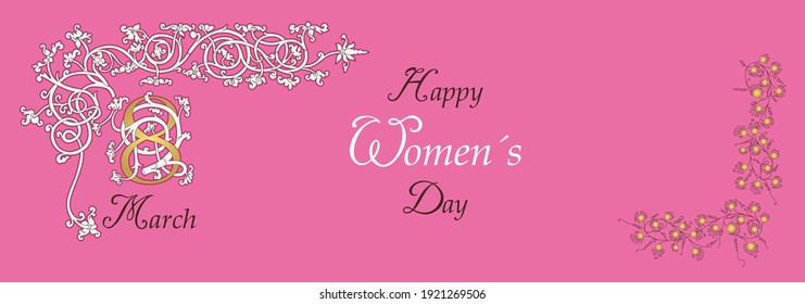 Template for congratulations on International Women's Day in the style of the Italian Renaissance of the 15th century. Style  White vine. Vector illustration. 