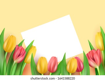 Template for congratulations on March 8 and International Women's Day, a lot of realistic multi-colored tulips with a card for signature. Vector stock illustration.