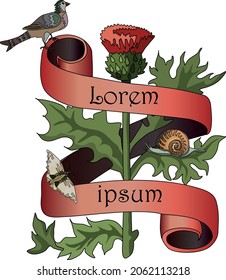Template for congratulations. Thistle, bird, snail, scroll with text. Clipart in medieval style.