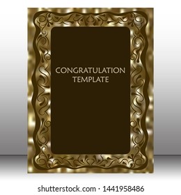 Template of congratulations with a vintage frame in a golden tone. Vector illustration.